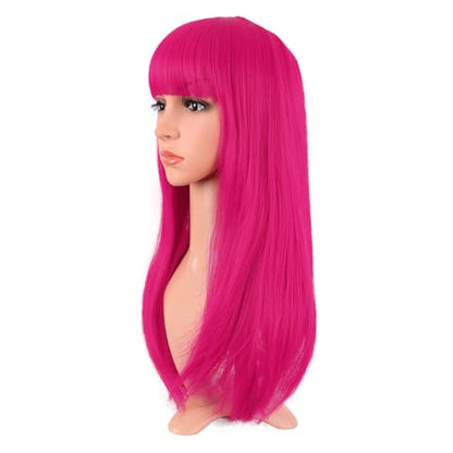 MapofBeauty 24 Inch Long Straight Flat Bangs Party Cosplay Wig, Hot Pink | 60 cm Synthetic Hair Wig, Heat Resistant, Women - color: Hot Pink
