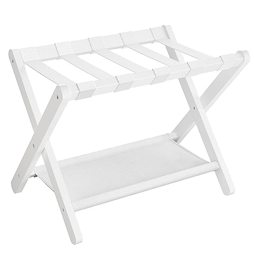 SONGMICS Bamboo Luggage Rack, Folding Suitcase Stand, with Storage Shelf - color: Classic White, size: 1 Pack