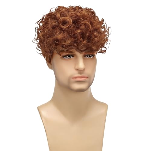 Mens Orange Curly Wigs Short Wig,Synthetic Heat Resistant Costume Wig Mens Daily Cosplay Party Halloween - color: C-Orange