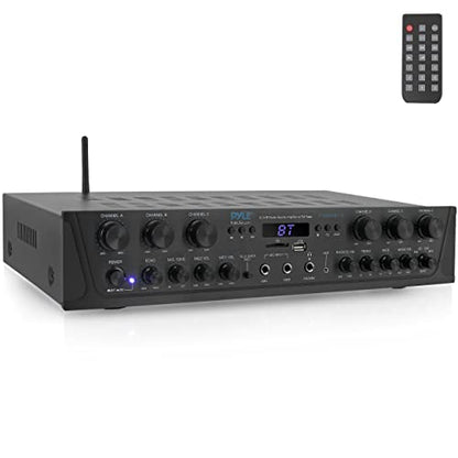 Pyle Home Audio Amplifier with Bluetooth - 6 Channel 600 Watt Peak Power, Karaoke with Echo, 2 Mic Input with Talkover, Headphone In, USB A MP3 Player with SD Reader - Home, Commercial, Worship - style: 6 Channel