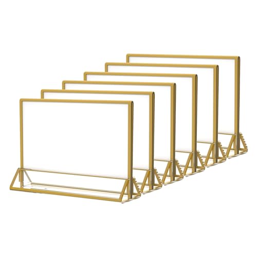 NIUBEE 5x7 Acrylic Sign Holder, Picture Frame, Wedding Table Numbers, 6pack | Horizontal Stand,Gold Frames, Clear Double Sided, Gold Sign Holders Display for Menu Restaurant Signs, Photos, Party, Events - size: 5x7", style: Horizontal
