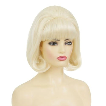 Blonde Beehive Wigs for Women Short Curly Retro Wig With Bangs 50s 60s Bouffant Cosplay Costume Party Halloween Hair Wig - color: Short Blonde