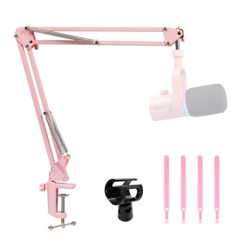 FEELWORLD AMS1 Microphone Boom Arm Adjustable Stand with 3/8” to 5/8” Screw | Compatible with PM1 and other Mics for Podcast Straming Gaming Studio, Pink - color: Pink
