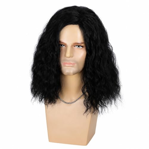 Mens Black Curly Wig Mid Length Wavy Synthetic Hair Wigs for Men Male Costume Party Cosplay Halloween or Fun (14inch, Black) - color: Short Black