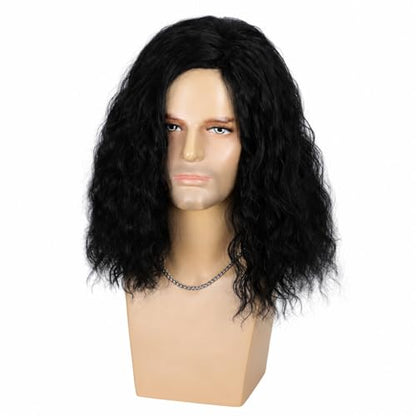 Mens Black Curly Wig Mid Length Wavy Synthetic Hair Wigs for Men Male Costume Party Cosplay Halloween or Fun (14inch, Black) - color: Short Black