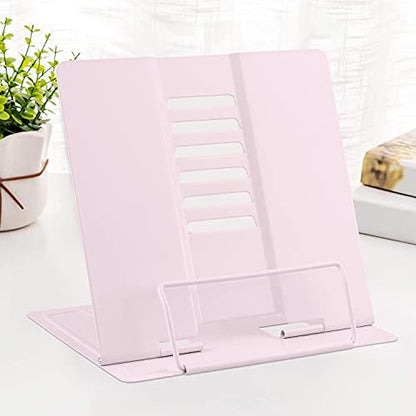 MSDADA Book Stand Metal Reading Rest Book Holder Adjustable Cookbook Documents Holder Portable Bookstands for Recipes Textbooks with Page Clips Birthday Gifts for Girls Mom Students(Macaron Pink) - color: Macaron Pink