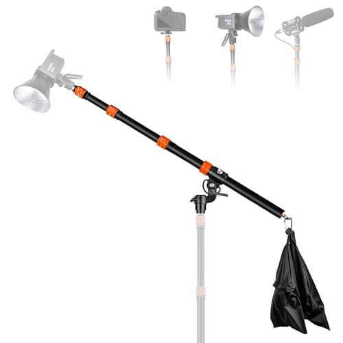Extension Boom Arm, 21.2"-64" Adjustable Telescoping Arm for Light Stand | 360° Rotation & 135° Tilt, Rear Hook with Sandbag, Quick Lock Knobs and 1/4"-3/8" Screw for Flexible Studio Lighting - color: Orange