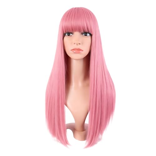 MapofBeauty 24 Inch Long Straight Flat Bangs Party Cosplay Wig, Light Pink | 60 cm Synthetic Hair Wig, Heat Resistant, Women - color: Light Pink