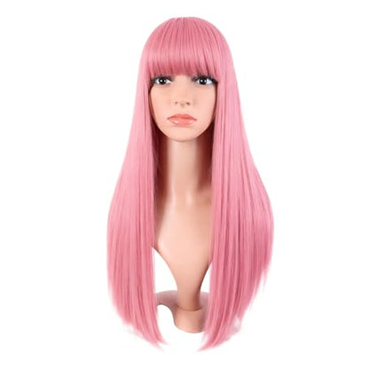 MapofBeauty 24 Inch Long Straight Flat Bangs Party Cosplay Wig, Light Pink | 60 cm Synthetic Hair Wig, Heat Resistant, Women - color: Light Pink