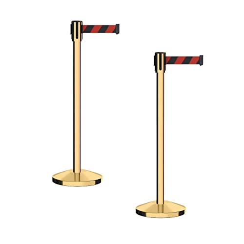 Montour Line M530 Set of 2 Retractable Belt Barrier Stanchion, Sloped Base, Polished Brass Post (7.5 ft Black and Red Diagonal Belt) - color: Black and Red Diagonal, size: 7.5 ft