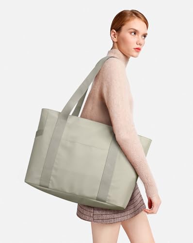 WLLWOO Large Tote Bag, 14” Laptop Work Travel Bag with Trolley Sleeve | Multi Pocket Water Splash Zipper Shoulder Handbag for Women Daily Nurse Gym Commute - color: Greyish Brown
