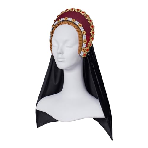 Willyacos Tudor French Hood Anne Boleyn Costume Headpiece Elizabethan Headwear Renaissance Tudor Hat Headdress Headband - color: Red