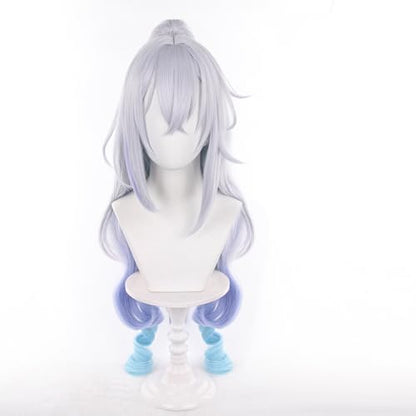 Lv999 Silver Wolf Grey Gradient Sky Blue Lake Blue Women Long Curly Hair,Split Tiger Clip Anime Game Halloween Party Costume with Free Hairnet - color: Grey Gradient Sky Blue