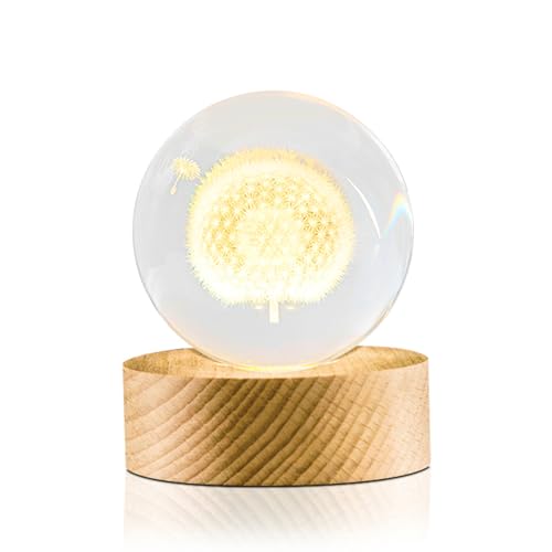 Flexzion 3D Dandelion Crystal Ball Night Light - LED Light Hologram Glass Lamp with Solid Wood Base, USB Powered Crystal Ball Lamp with Adjustable Brightness for Home Decor Display Gift, 2.4inch(60mm) | Dandelion Lamp with Solid Beech Wood Base and Adjust