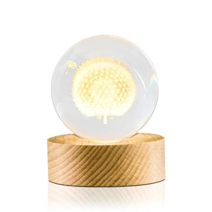 Flexzion 3D Dandelion Crystal Ball Night Light - LED Light Hologram Glass Lamp with Solid Wood Base, USB Powered Crystal Ball Lamp with Adjustable Brightness for Home Decor Display Gift, 2.4inch(60mm) | Dandelion Lamp with Solid Beech Wood Base and Adjust