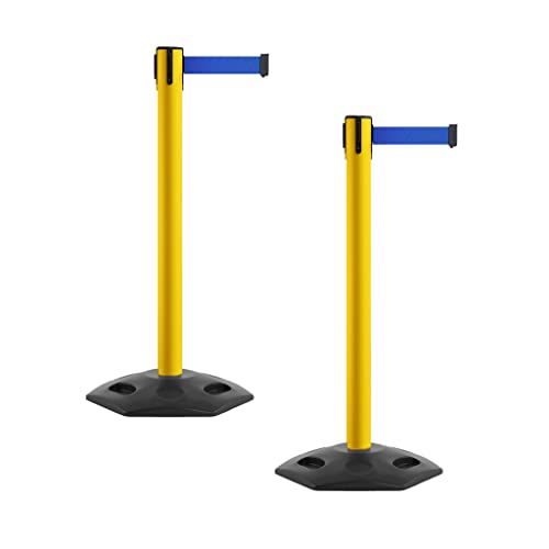 Montour Line MSR650 Set of 2 Retractable Belt Barrier Stanchion, Heavy-Duty Rubber Base, Yellow Steel Post (16 ft Blue Belt) - color: Blue, size: Yellow Steel
