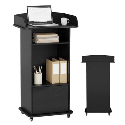Podium Stand with Metal Wheels Wooden Lectern Podium Stand Portable Pulpit Standing with Storage Mobile Reception Podiums Desk for Church Office School Conference Restaurant Meeting, Black - color: Black
