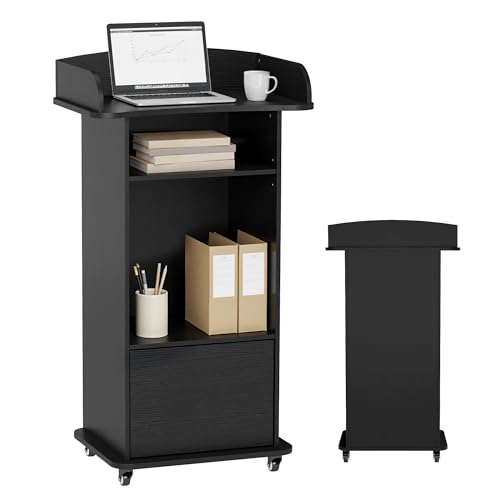 Podium Stand with Metal Wheels Wooden Lectern Podium Stand Portable Pulpit Standing with Storage Mobile Reception Podiums Desk for Church Office School Conference Restaurant Meeting, Black - color: Black