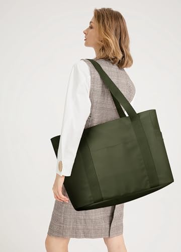 WLLWOO Large Tote Bag, 14” Laptop Work Travel Bag with Trolley Sleeve | Multi Pocket Water Splash Zipper Shoulder Handbag for Women Daily Nurse Gym Commute - color: Army Green
