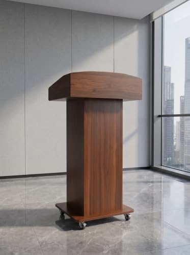 Portable Podium Stand with Metal Wheels, Rolling Podium with Drawer and Adjustable Shelf, Mobile Pulpit for Church, Wooden Lectern for Classroom Office Restaurant Conference (Brown) - color: Brown