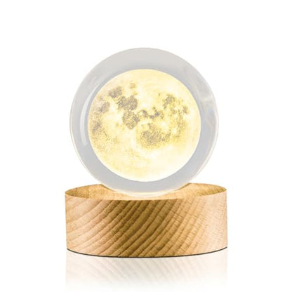 Flexzion 3D Moon Crystal Ball Night Light - LED Light Hologram Glass Lamp with Solid Wood Base, USB Powered Crystal Ball Lamp with Adjustable Brightness for Home Decor Display Gift, 2.4inch(60mm) | Moon Lamp with Solid Beech Wood Base and Adjustable Brigh