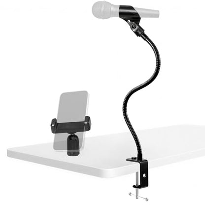BILIONE 2 In 1 Gooseneck Mic Stand with Phone Clip, 13 Inch Flexible Mic Arm Desk Mount for Podium, Lecture, Podcast, Studio, Microphone Holder Compatible with Shure SM58, Beta 58A, Samson Q2U