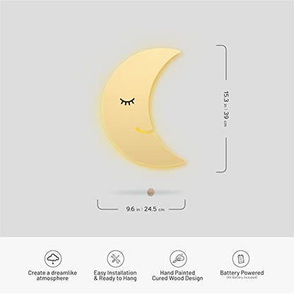 LumiDreams Moon Wall Night Light, Crescent Nursery Lamp for Kids Room | 17.7" x 11.5" | Hand-Painted Wooded Moon Light | Battery Operated | Pull Cord Switch | Wall Mounted Nursery decor