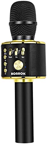 BONAOK Bluetooth Karaoke Microphone, Wireless Mic for Kids Adults to Sing - color: Black Gold