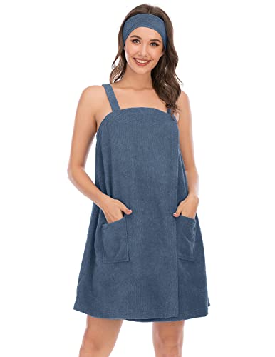 Veseacky Women Bath Wrap Towel for Womens Shower with Pocket Adjustable Spa Robe & Facial Headband - color: Blue-gray, size: Medium