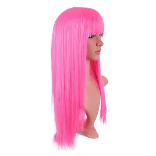 MapofBeauty 24 Inch Long Straight Flat Bangs Party Cosplay Wig, Neon Pink | 60 cm Synthetic Hair Wig, Heat Resistant, Women - color: Neon Pink