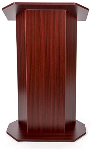 Displays2go Wooden Podium, Mahogany | Podium for Floor, Large Reading Surface, Open Back with Shelf, OLILCTOPBSM - color: Mahogany