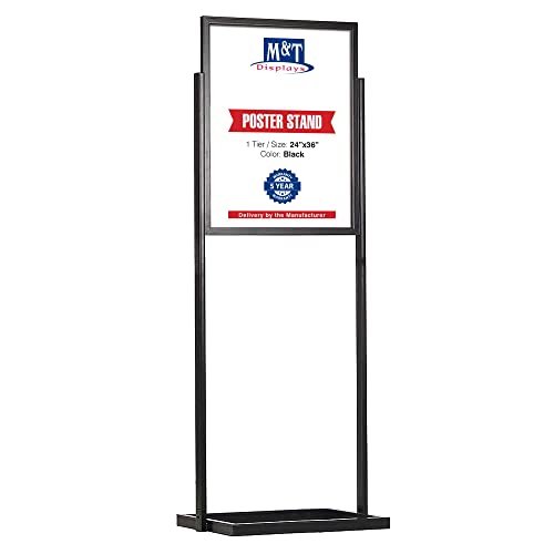 M&T Displays Metal Eco Info Board Black 24x36 Inches Slide-In Poster Sign Holder 1 Tier Double Sided Floor Standing Pedestal Advertising Display with Backing and Anti-Glare PET Cover
