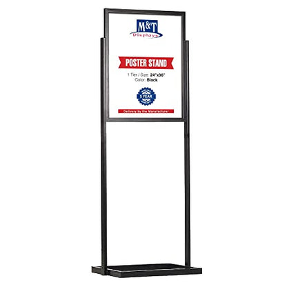 M&T Displays Metal Eco Info Board Black 24x36 Inches Slide-In Poster Sign Holder 1 Tier Double Sided Floor Standing Pedestal Advertising Display with Backing and Anti-Glare PET Cover