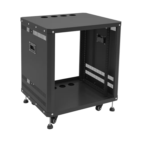 12U Professional AV Rack Stand, Rolling Equipment Cabinet with Locking Wheels for Live Sound, Studio, DJ, Carbon Steel Frame with Ventilation and Cable Ports, Network & Stereo Rack (Black) - color: Black