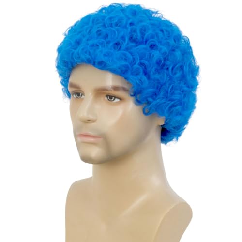 Swiking Mens Short Blue Afro Curly Wigs for Male Guy Rocker Wig California Halloween Cosplay Costume Fibre Hair Wig - color: Blue
