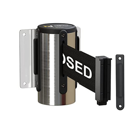 Montour Line WM115 Wall Mounted Retractable Belt Barrier with Standard Belt End, Fixed Mount, Polished Stainless Steel Casing (8.5 ft Black with"This LINE Closed" White Letters Belt) - color: Black with "THIS LINE CLOSED" White Letters, size: 8.5 ft