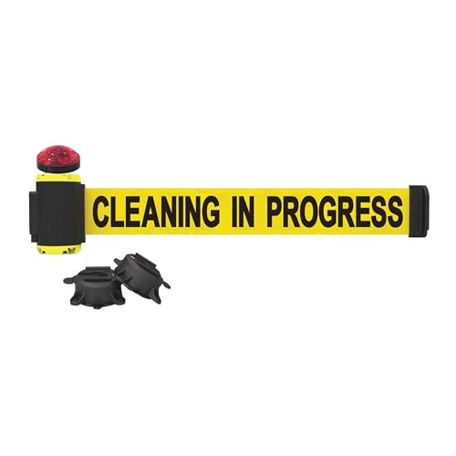 Banner Stakes 7 ft Wall Mount Retractable Belt Barrier - Yellow "Cleaning in Progress" Banner - Magnetic & Non-Magnetic Surfaces - Includes 2 Suction Cups & Red Strobe Light Kit (MH7004L) - color: Yellow: Cleaning in Progress, size: 7'