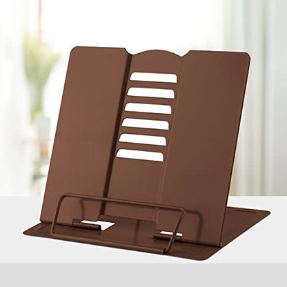 Honagu Book Stand Metal Desk Book Holder, Book Holders for Reading Hands Free, Adjustable Cookbook Documents Holder, Portable Bookstand for Music Books, Textbook, Recipe, Tablet, Ipad (Brown) - color: Brown