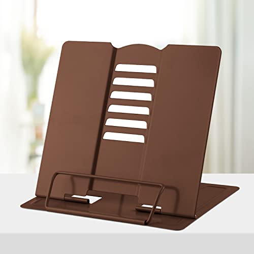 Honagu Book Stand Metal Desk Book Holder, Book Holders for Reading Hands Free, Adjustable Cookbook Documents Holder, Portable Bookstand for Music Books, Textbook, Recipe, Tablet, Ipad (Brown) - color: Brown