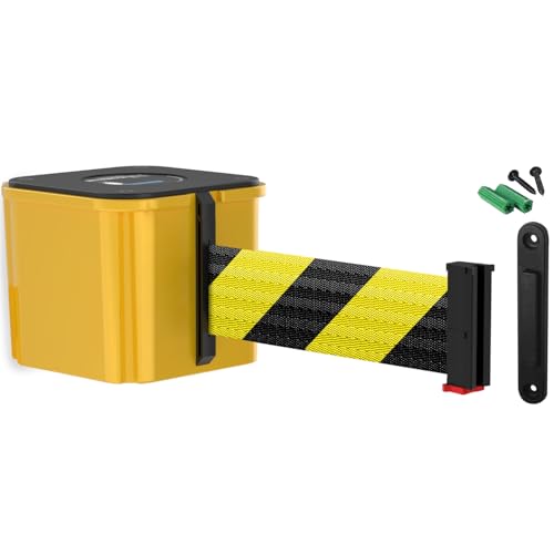 Wall Mounted Yellow Retracta-Belt 15' BLK/YLW Belt Barrier | WM412 Series, Retractable Belt Wall Mounted Crowd Control Barrier with Receiving End - color: Yellow Case w/ Black & Yellow Diagonal Belt, size: 15' Belt
