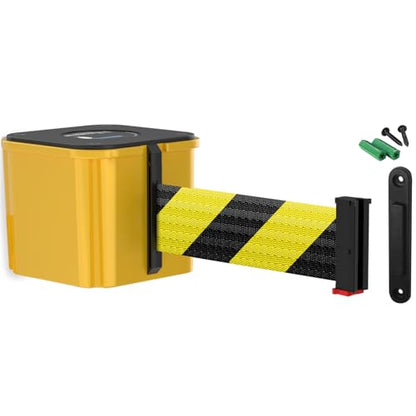 Wall Mounted Yellow Retracta-Belt 15' BLK/YLW Belt Barrier | WM412 Series, Retractable Belt Wall Mounted Crowd Control Barrier with Receiving End - color: Yellow Case w/ Black & Yellow Diagonal Belt, size: 15' Belt