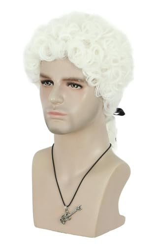VGbeaty Adult Judge Colonial Wig Long Curly White Wig with Ponytail | VGbeaty Adult Judge Colonial Wig Long Curly White Wig with Ponytail - color: Curly-White