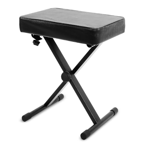 Pyle Adjustable Padded Keyboard Bench – Folding X-Style Keyboard Bench w/ 3-Position Height, Non-Slip Rubber Feet and Thick Cushion Seat – Ideal for Keyboard Stand and Benches