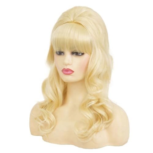 Blonde Long Curly Wig With Bangs Beehive Wig Synthetic Fibre Hair 50s 70s Cosplay Party Womens Halloween Costume Wigs - color: Curly Blonde