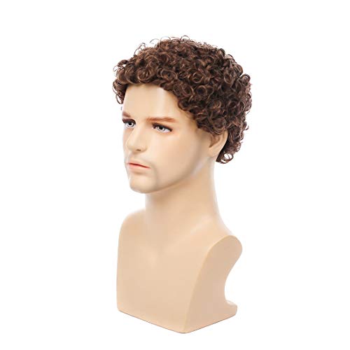 Swiking Mens Brown Afro Curly Wig for Male Guy Rocker Wig California Halloween Cosplay Costume Full Wigs - color: Brown