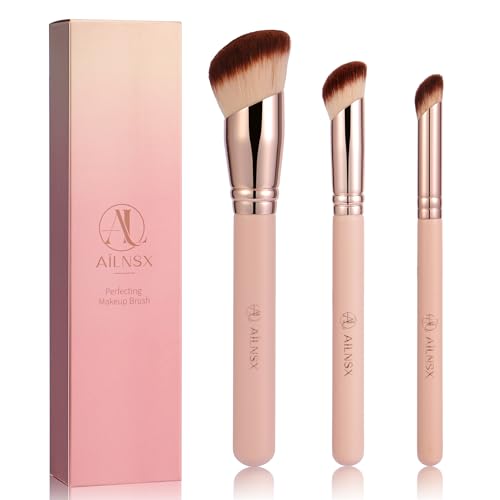Makeup Brush Set, 3Pcs Angled Face Brushes for Foundation, Concealer, Contour, Blush and Powder good, Soft Synthetic Bristles with Pink Handles & Rose Gold Ferrules - color: PINK-A202