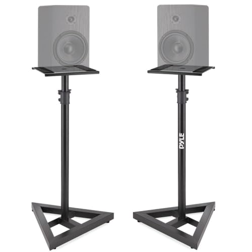 Pyle Speaker Stand Pair of Sound - Play 1 and 3 Holder, Telescoping Height Adjustable from 26” - 52” Inch, High Heavy Duty Three-point Triangle Base w/ Floor Spikes and 9” Square Platform, Black