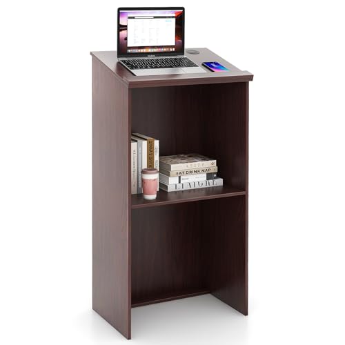 Tangkula Floor Standing Podium, Wooden Speaking Lectern Hostess Stand with 2-Tier Shelves & Dual Cable Holes, Standing Lectern Desk for Meeting Room, School, Churches, Auditorium, Classroom