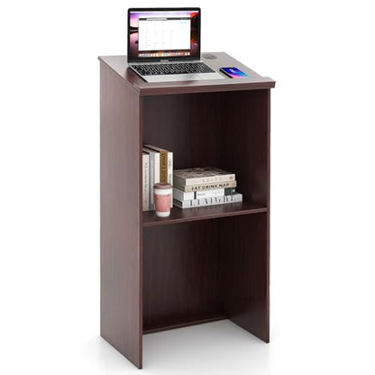 Tangkula Floor Standing Podium, Wooden Speaking Lectern Hostess Stand with 2-Tier Shelves & Dual Cable Holes, Standing Lectern Desk for Meeting Room, School, Churches, Auditorium, Classroom