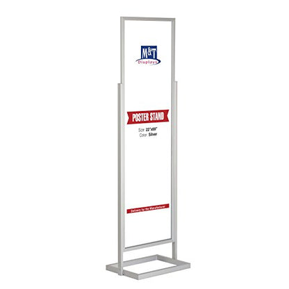 M&T Displays Metal Eco Info Board, Silver 22x69 Inches Slide-In Poster Sign Holder 1 Tier Double Sided Floor Standing Pedestal Advertising Display with Backing and Anti-Glare PET Cover - color: Silver, size: 22x69